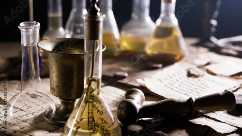 A still life of antique lab equipment, including flasks, a mortar, and papers with script