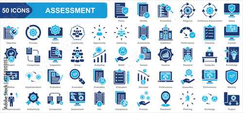 Assessment collection icon set. Policy, Validity, Diligence, Continous improvement, Safety, Objective. Simple flat vector