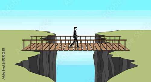 A solitary figure traverses a narrow wooden bridge spanning a deep chasm with flowing water below.