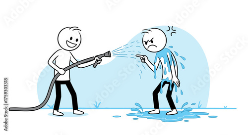 One person happily spraying another person with water from a hose.
