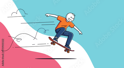 A joyful person in an orange shirt and blue jeans performs a trick on a skateboard while in mid-air.