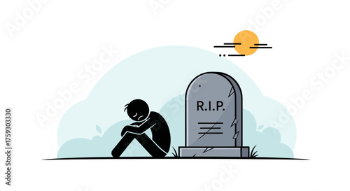 A solitary figure mourns beside a tombstone under a setting sun representing loss and remembrance.