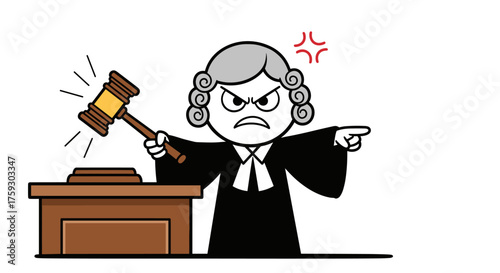 An angry judge bangs the gavel and points with fury at someone in the courtroom.