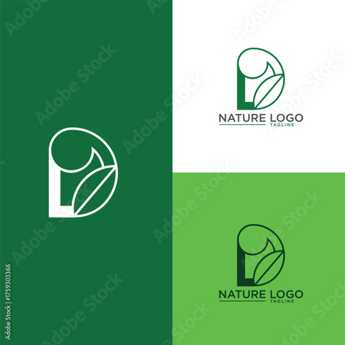 Uppercase D letter and leaf logo design template
