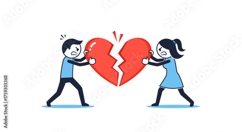 Illustration of a couple breaking apart a heart symbolizing a relationship ending due to conflict.