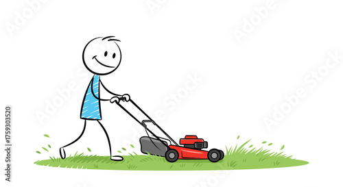 A happy stick figure man joyfully pushes a red lawn mower across a green grassy field cutting the grass.
