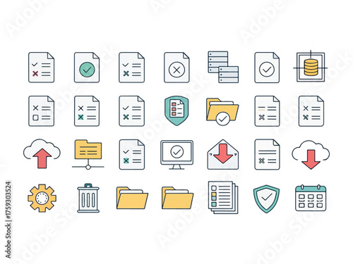 Collection of Colorful Data Management Icons for Business Solutions and Digital Workflow Simplification and Organization
