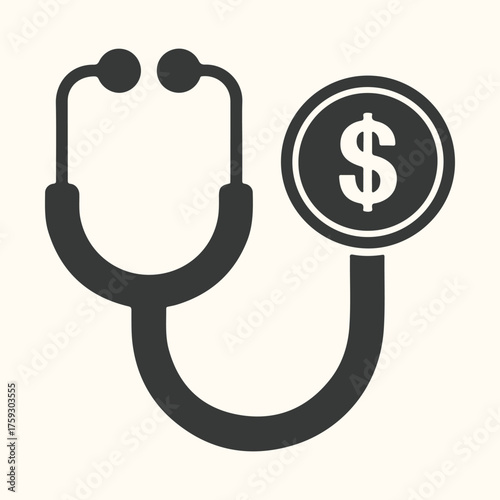 Vector art of stethoscope with a dollar coin, symbolizing healthcare costs and medical finance