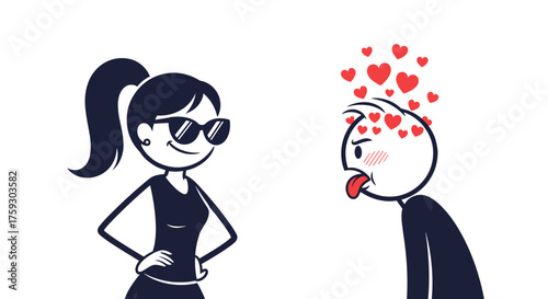 A cool woman in sunglasses makes a man fall madly in love with his tongue hanging out.