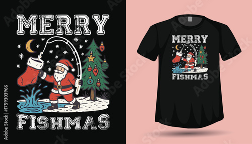 Merry Fishmas T-Shirt Design with Santa Fishing and Catching a Christmas Stocking