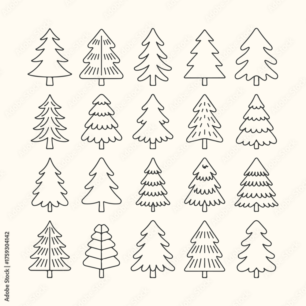 Obraz premium Vector art of collection of handdrawn christmas trees in various styles