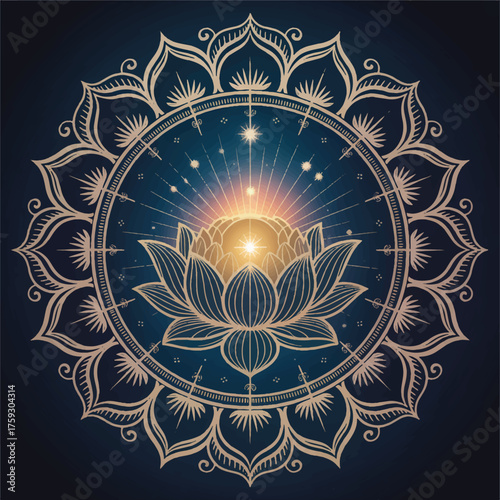 Golden Lotus Mandala with Radiant Light on Dark Background