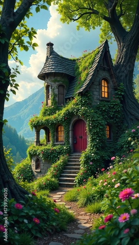 Secluded Whimsical Dwelling Hidden in Lush Foliage A Fairytale Fantasy Setting