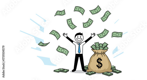 A happy businessman celebrates with a money bag and falling banknotes around him.