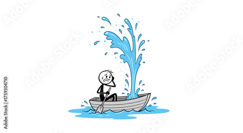 A person in a small boat is trying to fix a leak with a paddle