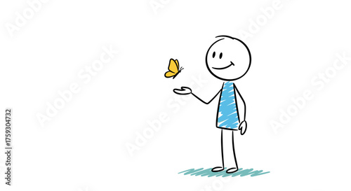 A simple stick figure is happy as a small yellow butterfly lands on its outstretched hand.