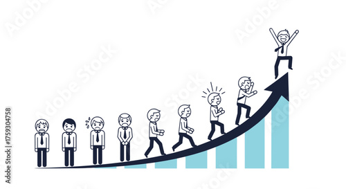 Illustrating the progression of team members achieving success through collaborative growth and development.