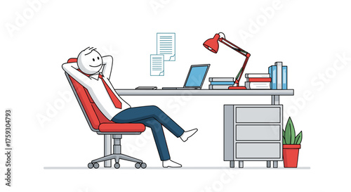 A relaxed person enjoying their comfortable and organized workspace with a laptop and desk lamp.