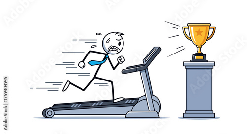 A stressed stick figure sprints furiously on a treadmill chasing a golden trophy on a pedestal symbolising effort and reward.