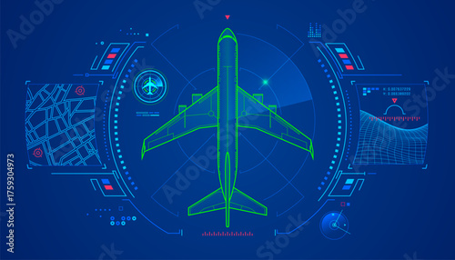 concept of air traffic control or  radar technology, graphic of airplane with futuristic aviation interface