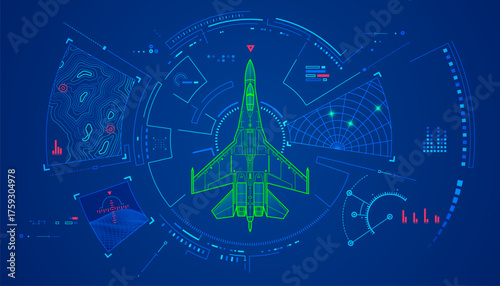 concept of military technology, graphic of air fighter with futuristic interface