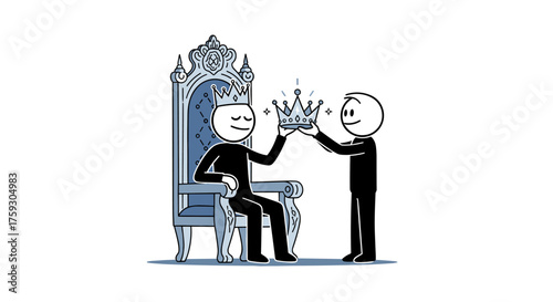 A person sits on a throne while another person places a crown on their head symbolizing leadership.