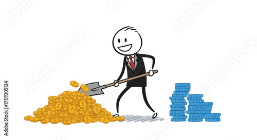A happy businessman is shoveling a large pile of gold coins towards stacks of blue bills.