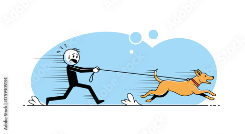 A man is frantically trying to keep up with his energetic dog who is pulling him along on the leash.