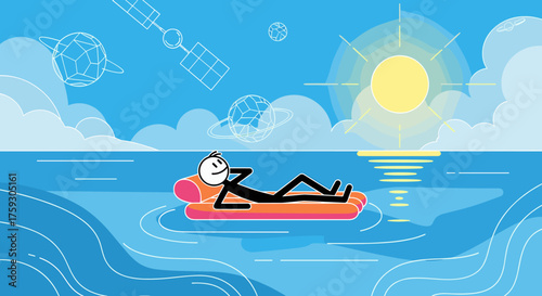 A stick figure relaxes on an inflatable raft in the ocean under a bright sun.