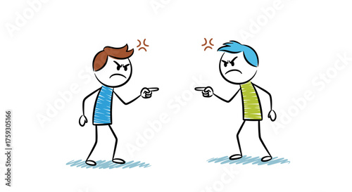 Two angry stick figures pointing fingers at each other during a heated argument.
