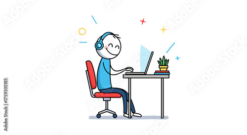 A person wearing headphones is happily typing on a laptop while sitting at a desk with a plant.