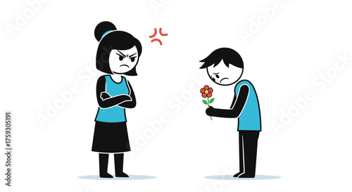A young boy apologizes to an angry girl with a flower.