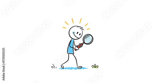 A curious stick figure person excitedly searches for something small and green with a magnifying glass.