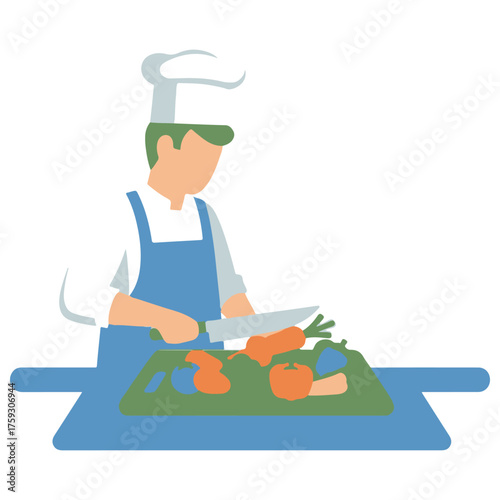 Minimalist vector illustration of a chef cutting vegetables on blue table.