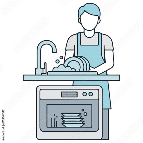 Minimalist Vector Illustration of Person Washing Dishes and Dishwasher