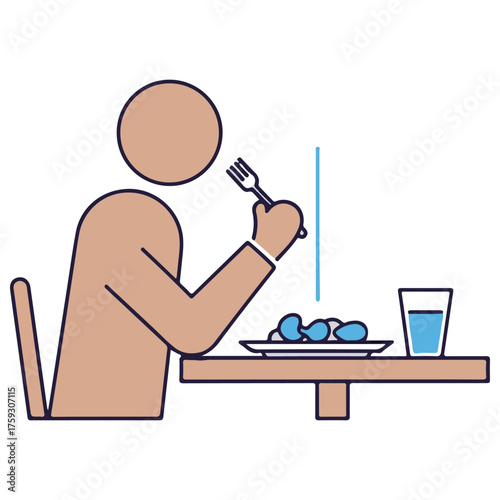 Minimalist Brown Pictogram of Person Eating at Table with Blue Food
