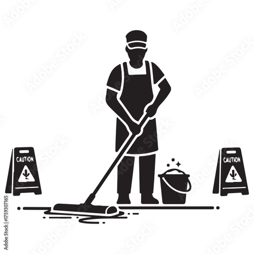 Black and White Silhouetted Cleaner Mopping with Caution Signs and Bucket