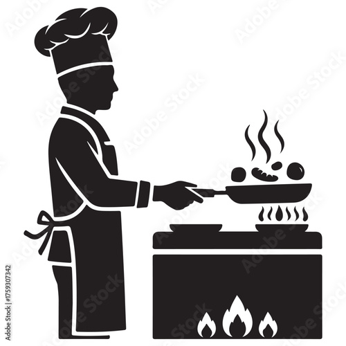Minimalist Black Silhouette Chef Cooking Food on Stove