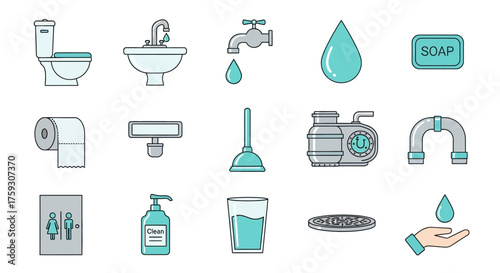 Vector icon set of sanitation, hygiene and clean water awareness in modern flat minimal style with bathroom, plumbing and hygiene related elements for health, safety and public awareness design