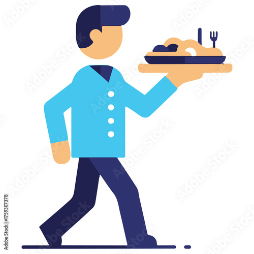 Flat Vector Icon of Server Carrying Food Tray, Blue and Beige Tones