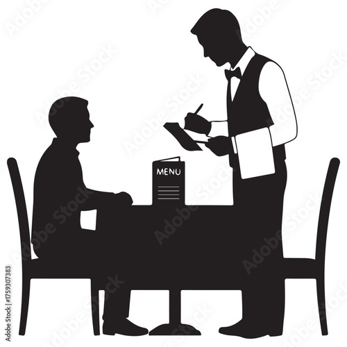 Stylized Restaurant Service Silhouette with Waiter and Customer Interaction