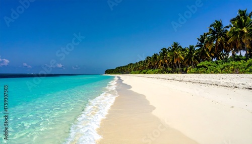Fototapeta Naklejka Na Ścianę i Meble -  A pristine tropical beach scene with crystal clear turquoise water meeting a white sandy shore, and lush green palm trees