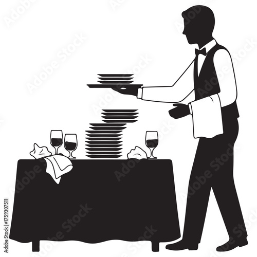 Monochrome Vector Illustration of Waiter with Plates and Table Setting