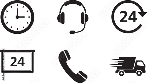Vector art of collection of 24 hour service icons including clock, headset, delivery truck, and phone