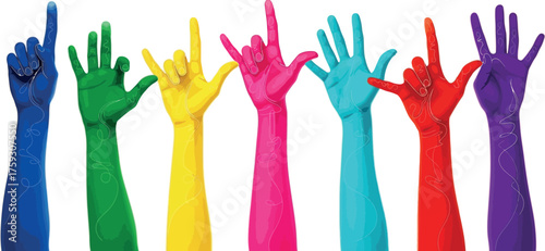  Vector art of a diverse group of colorful hands showing different gestures and signs