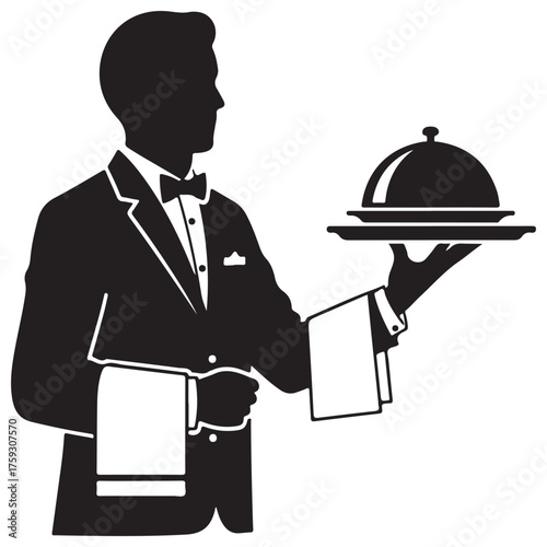 Classic Black Silhouette of Professional Waiter Serving Food Tray