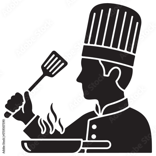 Black and White Vector Chef Cooking Silhouette with Spatula and Pan