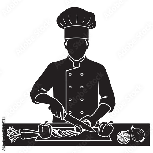 Black and White Chef Silhouette Cutting Vegetables Vector Graphic Icon