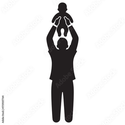 Black Silhouette Icon of Parent Holding Baby Overhead on White Background