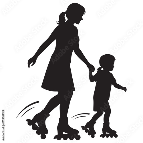 Black Silhouette of Mother and Child Roller Skating Holding Hands